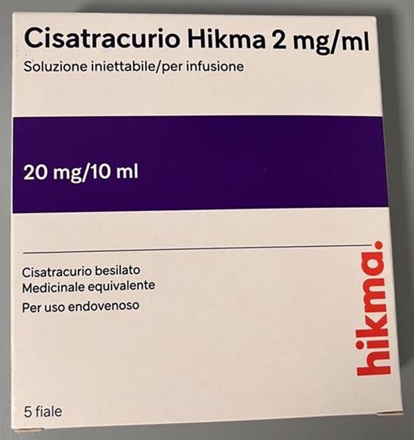 Photo de la boîte de Cisatracurio Hikma avec étiquetage en italien uniquement