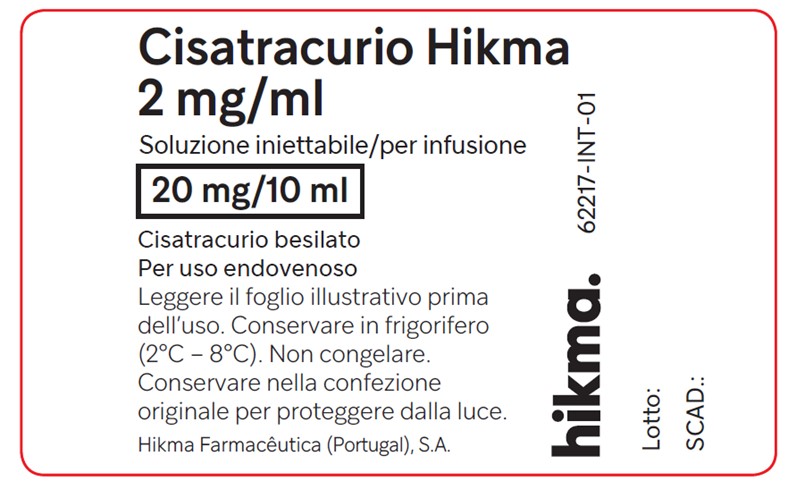 This is an image of  an ampoule label of Cisatracurio Hikma 2 mg/mL with Italian-only labelling 
