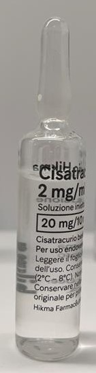 This is a photo of an ampoule of Cisatracurio Hikma 2 mg/mL with Italian-only labelling 