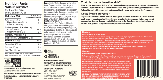 365 Whole Foods Market - Organic Homestyle Waffles - 210 g - back