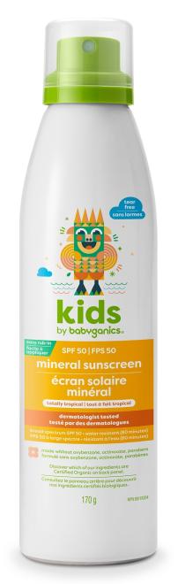 Produit antisolaire minéral Kids par Babyganics SPF 50 Totally Tropical (vaporisation continue)