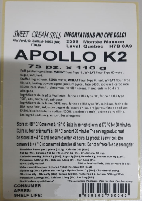Sweet Cream - Apollo K2 - 75 x 110 g - étiquette