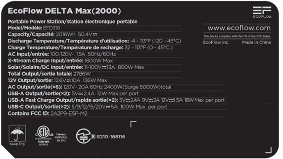 Plaque signalétique sur la face inférieure de la Station d’alimentation portative EcoFlow Delta Max 2000 modèle EFD310 rappelée