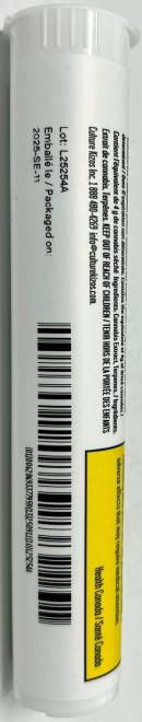 A product in a white tube with a wraparound green label with a red octagon-shaped standardized cannabis symbol and yellow Health Warning Box. A logo is next to the cannabis symbol. The label also has product information like the name, cannabinoid content, bar codes, and lot information.