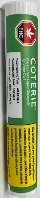 A product in a white tube with a wraparound green label with a red octagon-shaped standardized cannabis symbol and yellow Health Warning Box. A logo is next to the cannabis symbol. The label also has product information like the name, cannabinoid content, bar codes, and lot information.