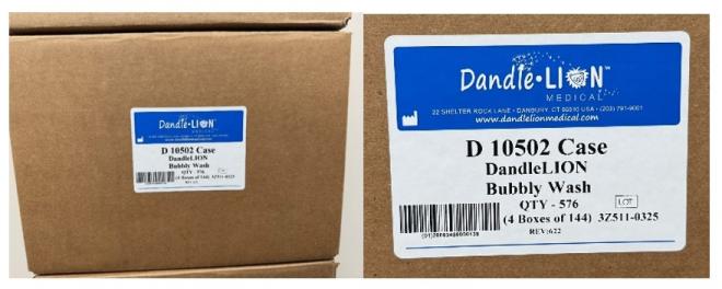 Emballage d’expédition avec code de produit (D 10502) et numéro de lot (3Z511-0325)