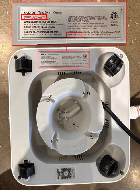 Location of model number and batch/date numbers on the underside of the base of the Steam Cleaner