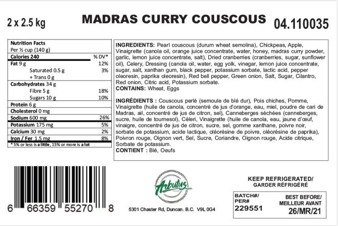 Arbutus Foods - Madras Curry Couscous - 2 x 2.5 kg - Front