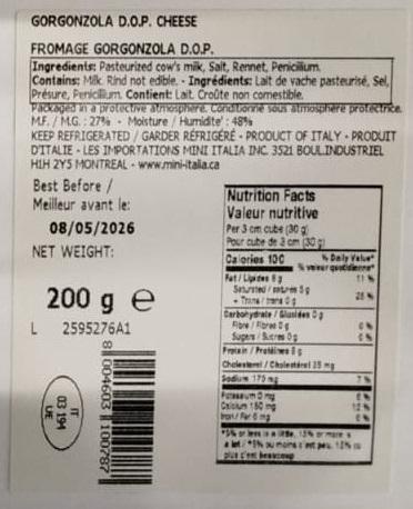 Auricchio - Gorgonzola D.O.P. Piccante - 200 g - Lot 2595276A1 - Étiquette