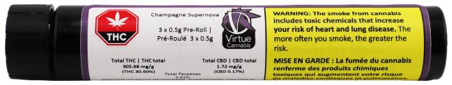 A product in a black tube with a purple label wrapped all the way around it, a red octagon-shaped standardized cannabis symbol on the left, and yellow Health Warning Box on the right. A logo is next to the cannabis symbol. The label also has product information like the name, cannabinoid content, bar codes, etc.
