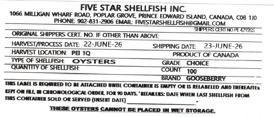 Five Star Shellfish Inc. - huîtres Gooseberry - 100 au  nombre - Étiquette
