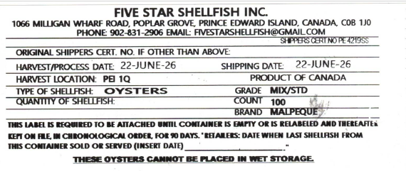Five Star Shellfish Inc. - huîtres Malpeque - 100 au nombre - Étiquette