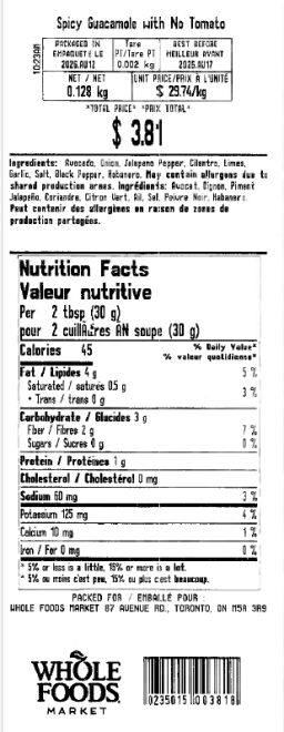 Whole Foods Market - Spicy Guacamole with No Tomato - Label