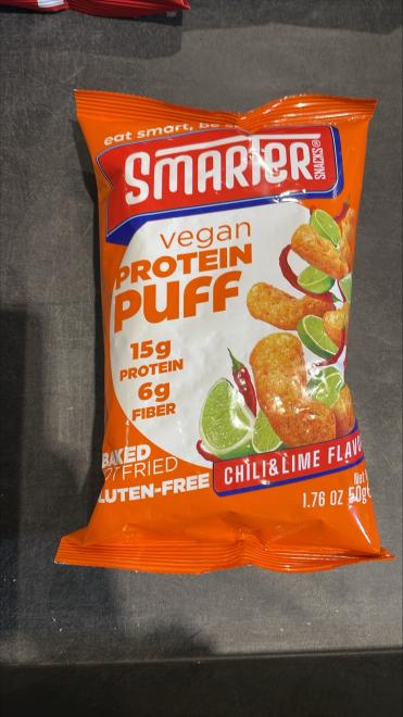 Smarter Snacks brand Vegan Protein Puff Chili &amp; Lime Flavored front