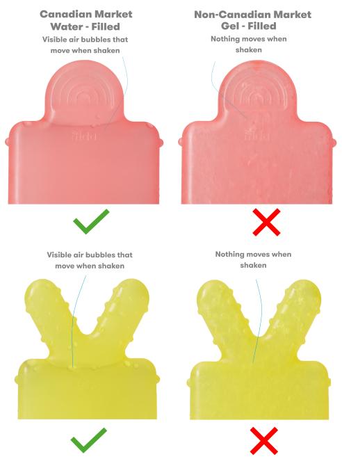 Différence entre les anneaux de dentition remplis d’eau destinés au marché canadien concernés par le rappel et les anneaux de dentition remplis de gel non destinés au marché canadien et non concernés, vendus sur tous les autres marchés.